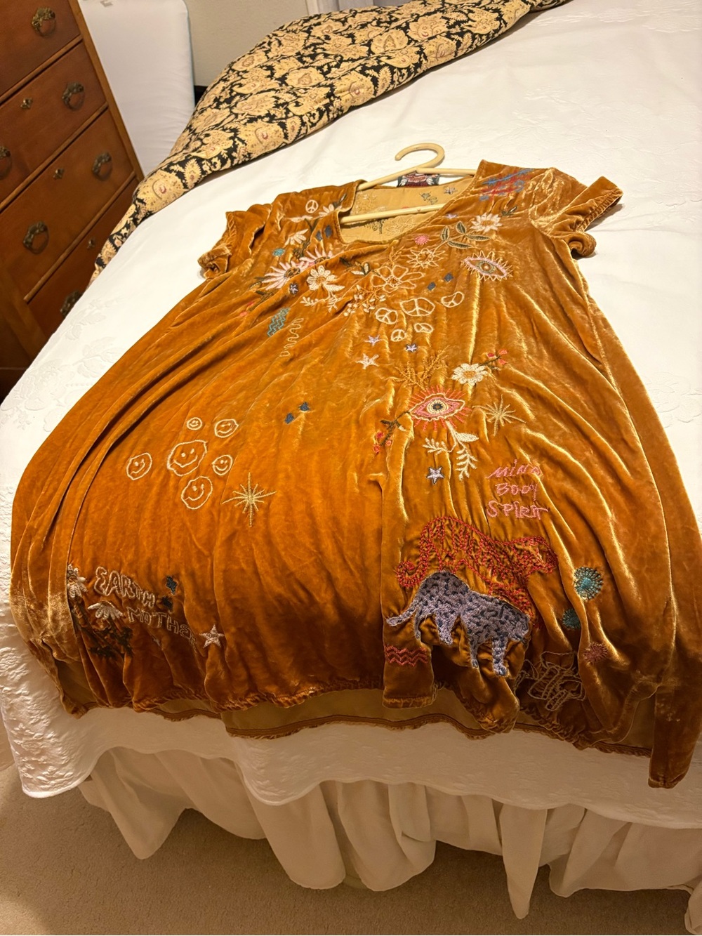 Johnny Was Mustard Velvet Embroidered Midi Dress